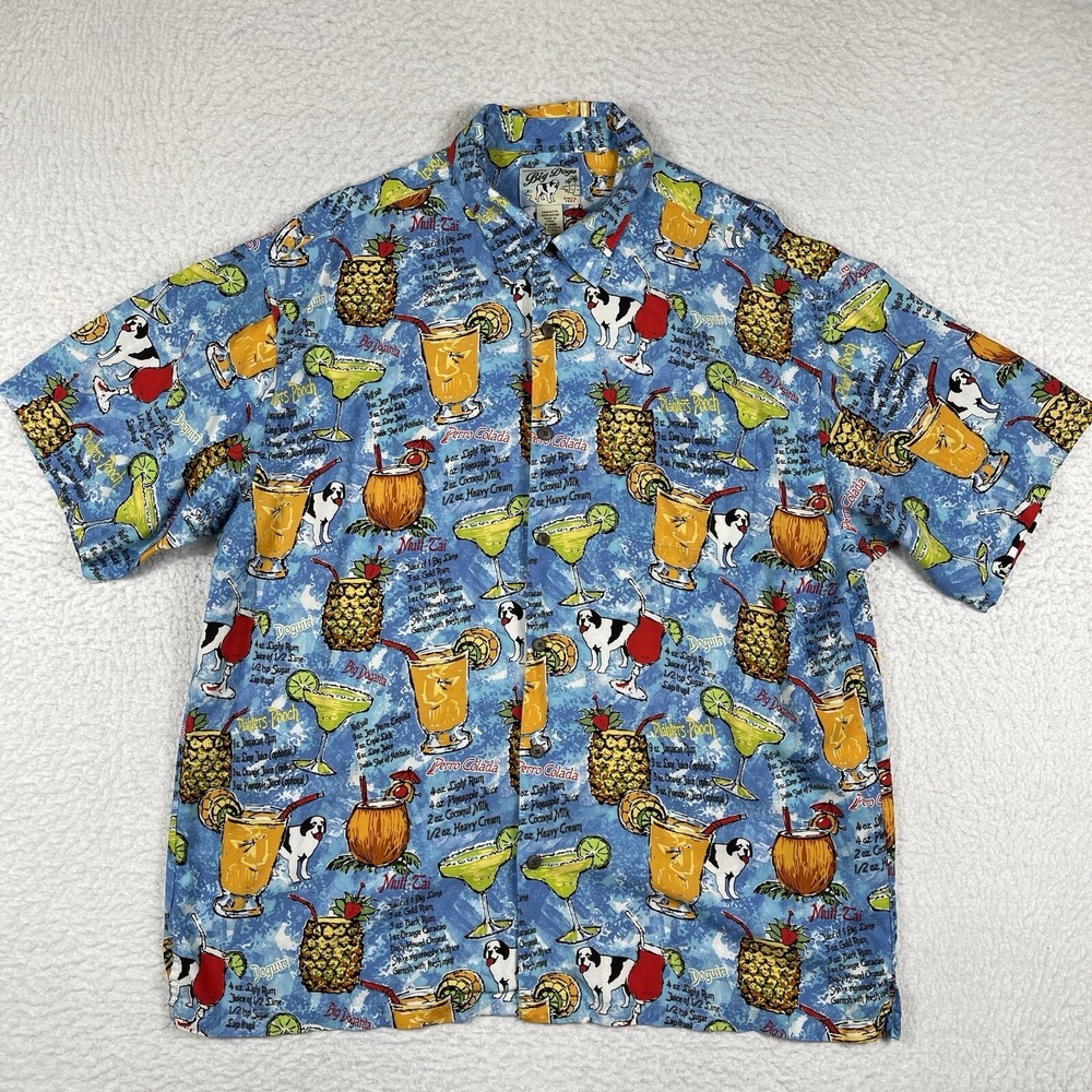 Big Dogs Shirt Mens XL Blue AOP Cocktails Party Bartender Tailgate Travel Drinks